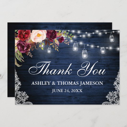 Carte De Remerciements Mariage en bois bleu rustique Floral Jar Lumières (Devant / Derrière)