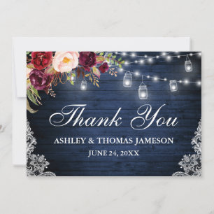 Carte De Remerciements Mariage en bois bleu rustique Floral Jar Lumières