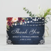 Carte De Remerciements Mariage en bois bleu rustique Lumières florales Me (Debout devant)