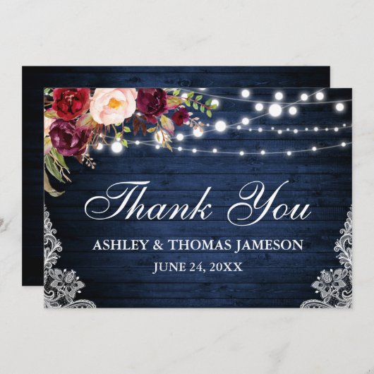 Carte De Remerciements Mariage en bois bleu rustique Lumières florales Me (Devant / Derrière)