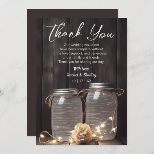 Carte De Remerciements Mariage en bois de grange rustique Mason Jar Lumiè (Devant / Derrière)