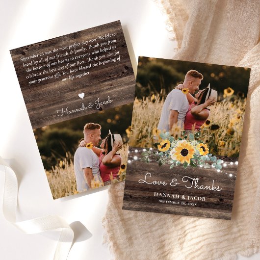Carte De Remerciements Mariage en bois de tournesol rustique Eucalyptus