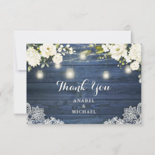 Carte De Remerciements Mariage en dentelle de bois bleu rustique