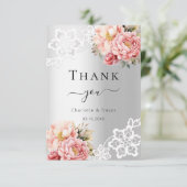 Carte De Remerciements Mariage en dentelle rose argenté (Debout devant)