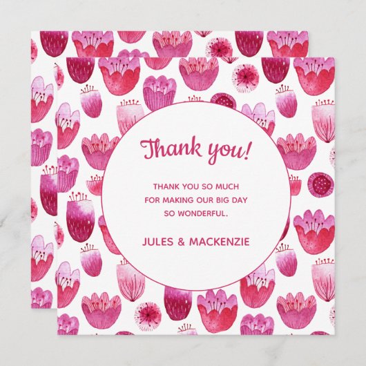 Carte De Remerciements Mariage en fleurs rose vif (Devant / Derrière)