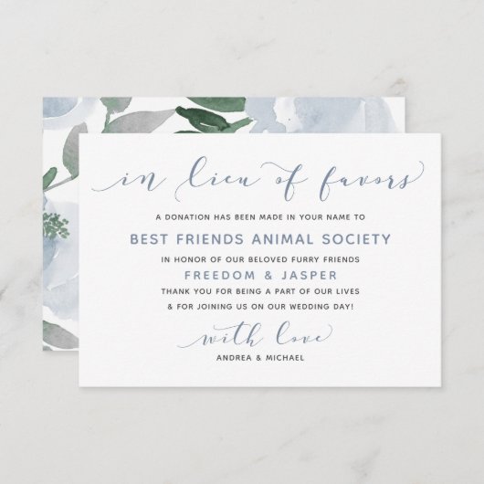 Carte De Remerciements Mariage en remplacement de Faveurs Aquarelle bleu- (Devant / Derrière)