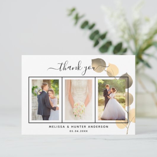 Carte De Remerciements Mariage eucalyptus or script photo élégant (Debout devant)