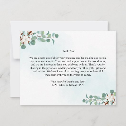 Carte De Remerciements Mariage Eucalyptus vert et Fleurs de coton (Dos)