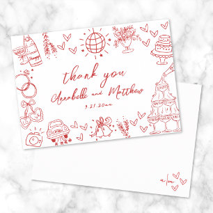 Carte De Remerciements Mariage Fantaisiste Rouge Dessiné à la Main