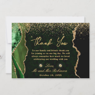 Carte De Remerciements Mariage Faux Paillettes Vert et Or Agate