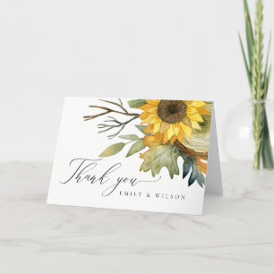 CARTE DE REMERCIEMENTS MARIAGE FLEUR DE TOURNESOL JAUNE RUSTIQUE A L'AQUA