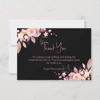 Carte De Remerciements Mariage Fleur Rose Noir & Blush 