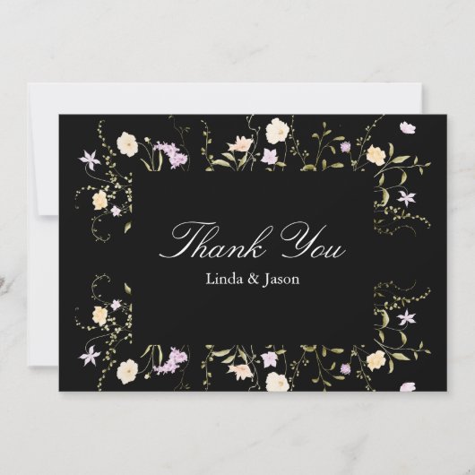 Carte de remerciements Mariage Fleur sauvage noir  (Devant)