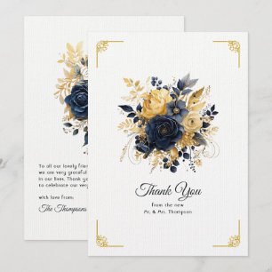 Carte De Remerciements Mariage Fleurie Bleu Nuit et Or