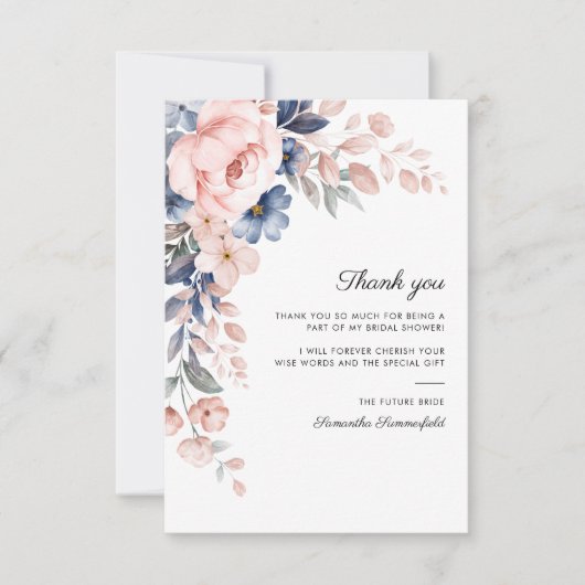 Carte De Remerciements Mariage Fleurie Script Rose Bleu (Devant)