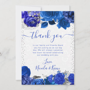 Carte De Remerciements Mariage Fleurs Bleu et Argent Aquarelle