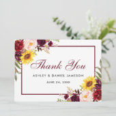 Carte De Remerciements Mariage Fleurs Mixtes Aquarelle Bordeaux (Debout devant)