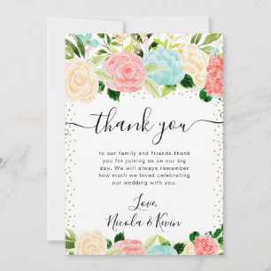 Carte De Remerciements Mariage Fleurs Rose et Menthe Aquarelle