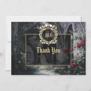 Carte De Remerciements Mariage Fleurs Roses Noires et Or Ruines Gothiques