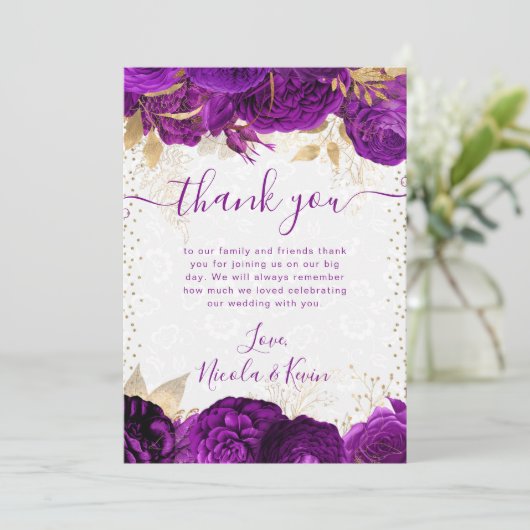 Carte De Remerciements Mariage Fleurs Violet et Or Aquarelle (Debout devant)