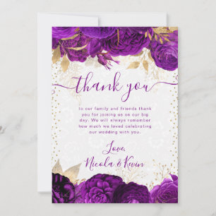 Carte De Remerciements Mariage Fleurs Violet et Or Aquarelle