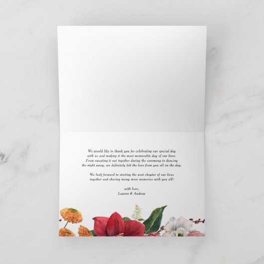 Carte De Remerciements Mariage Floral à l'Aquarelle Amaryllis et Chrysant (Intérieur)