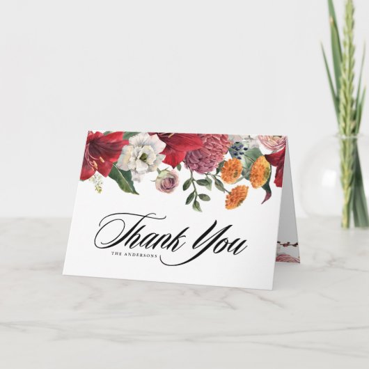 Carte De Remerciements Mariage Floral à l'Aquarelle Amaryllis et Chrysant (Devant)