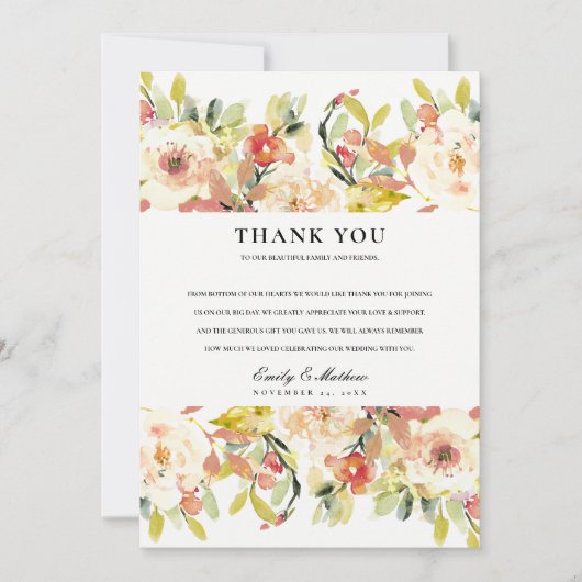 CARTE DE REMERCIEMENTS MARIAGE FLORAL À L'AQUARELLE ROSE PÊCHE TEINTÉ (Devant)