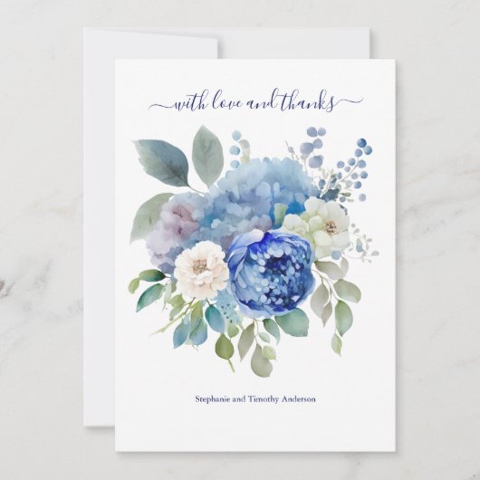Carte De Remerciements Mariage Floral Aquarelle Bleu Blanc (Devant)