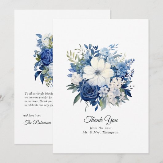 Carte De Remerciements Mariage floral blanc et marine (Devant / Derrière)