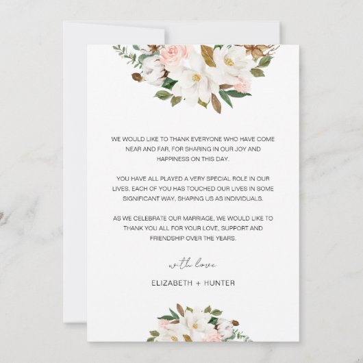 Carte De Remerciements Mariage floral blanc et rose vif (Dos)