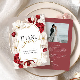 Carte De Remerciements Mariage floral blanc et rouge rubis avec photo