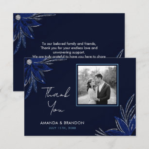 Carte De Remerciements Mariage floral bleu argenté et marine