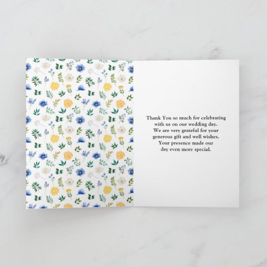 Carte De Remerciements Mariage floral bleu et jaune (Intérieur)
