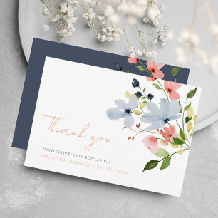 Carte De Remerciements Mariage floral bleu et rose simple Boho