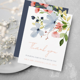 Carte De Remerciements Mariage floral bleu et rose simple Boho