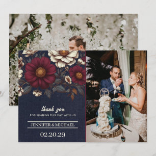 Carte De Remerciements Mariage floral bleu marine et bourgogne