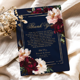 Carte De Remerciements Mariage Floral Bleu Nuit Burgundy Sombre Blush Fon