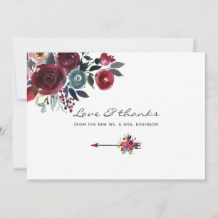 Carte De Remerciements Mariage floral Bohème Chic bordeaux et marine