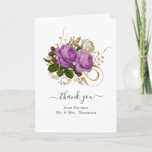 Carte De Remerciements Mariage Floral Chic Vintage Or et Violet Photo