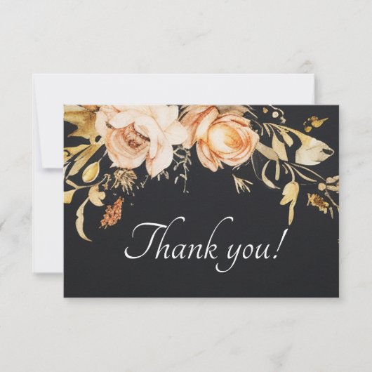 Carte De Remerciements Mariage Floral de automne moderne noir (Devant)