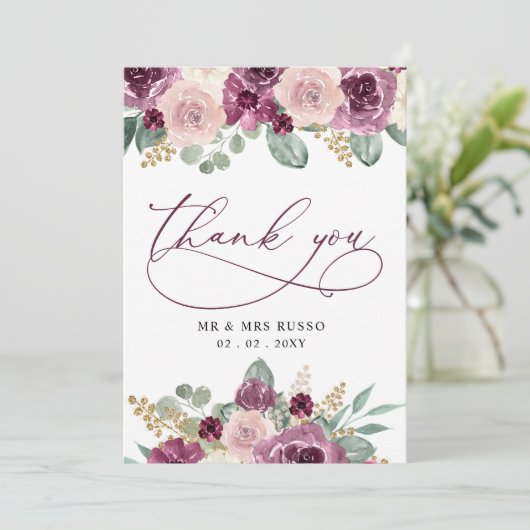 Carte De Remerciements Mariage floral de prune moderne élégante (Debout devant)