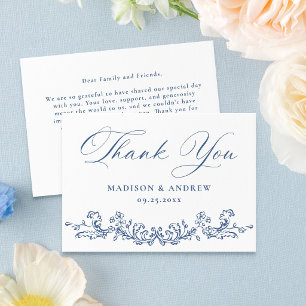 Carte De Remerciements Mariage Floral Élégant Bleu Victorien Français