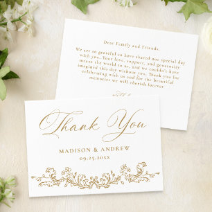 Carte De Remerciements Mariage Floral Élégant en Or Victorien