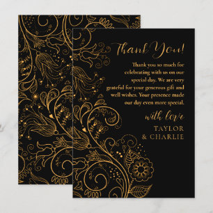 Carte De Remerciements Mariage floral élégant or et noir