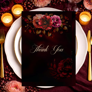 Carte De Remerciements Mariage floral élégant rouge noir d'ambiance sombr