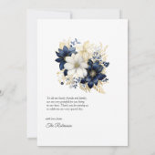 Carte De Remerciements Mariage floral marine, blanc et or (Dos)