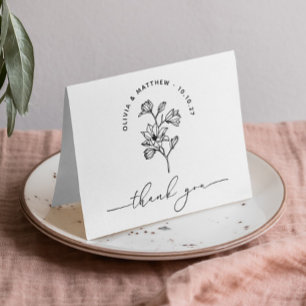 Carte De Remerciements Mariage floral minimaliste Élégant noir et blanc