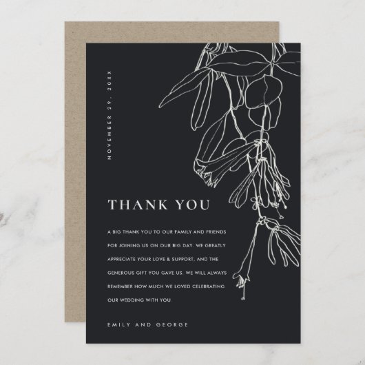 CARTE DE REMERCIEMENTS MARIAGE FLORAL MODERNE EN NOIR ET BLANC (Devant / Derrière)