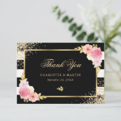 Carte De Remerciements Mariage floral noir blanc rayures doré rose (Debout devant)